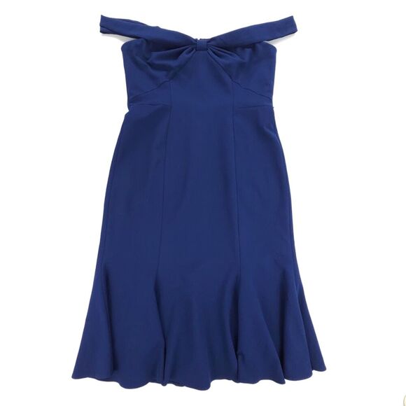 GAL MEETS GLAM Tyler Off The Shoulder Scuba Crepe Dress Midi Navy Blue Romantic - Picture 1 of 9